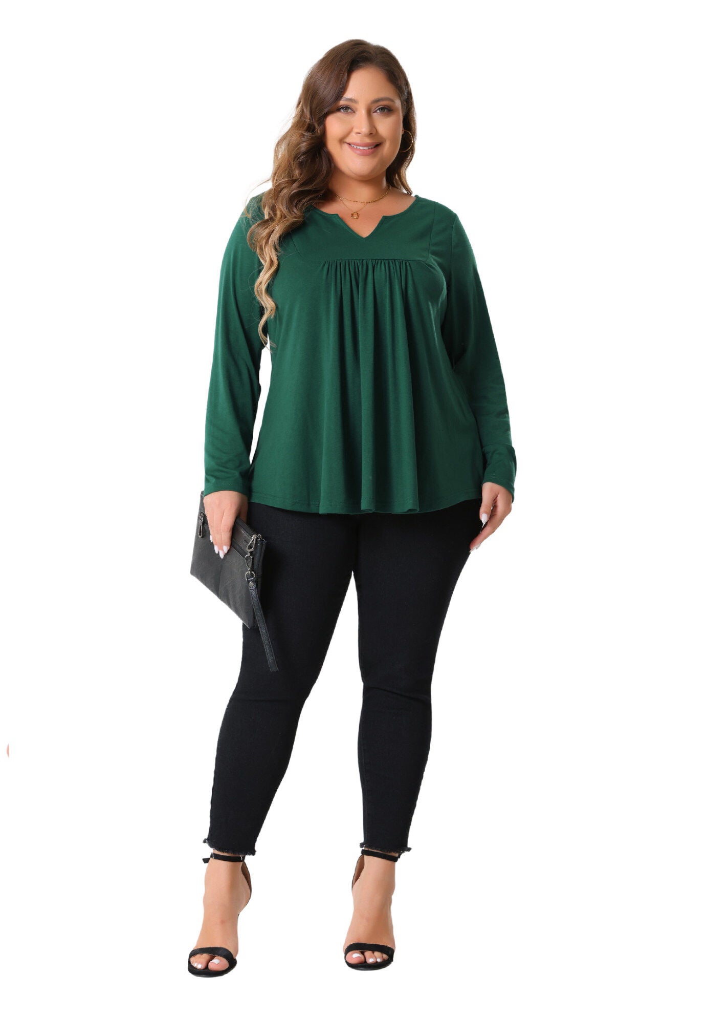 Notched Neck Long Sleeve Front Pleated Blouse, Dark Green / Forest Green, hi-res image number 0