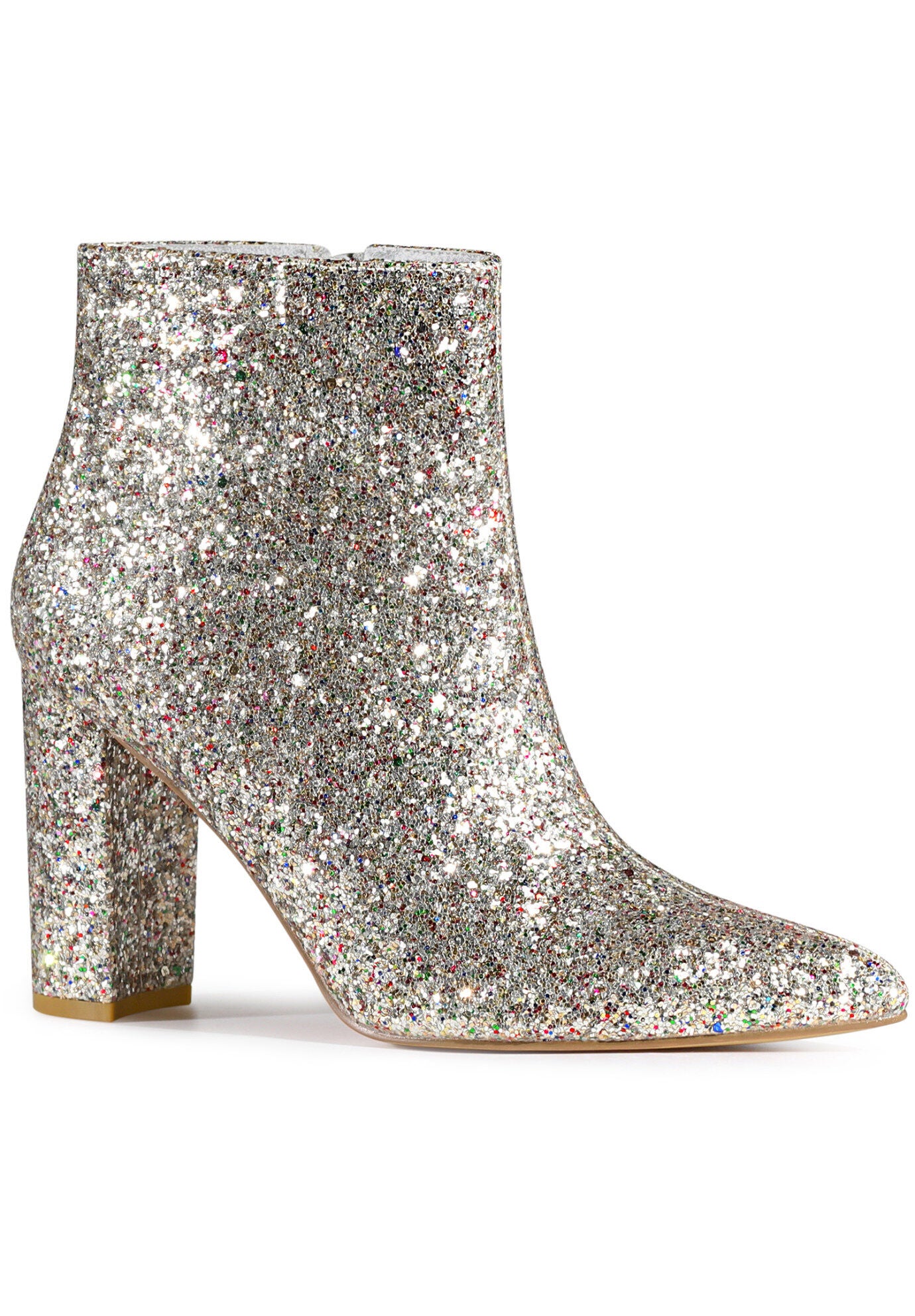 Glitter Pointed Toe Chunky Heels Sparkly Booties, Silver / Silver, hi-res image number 0