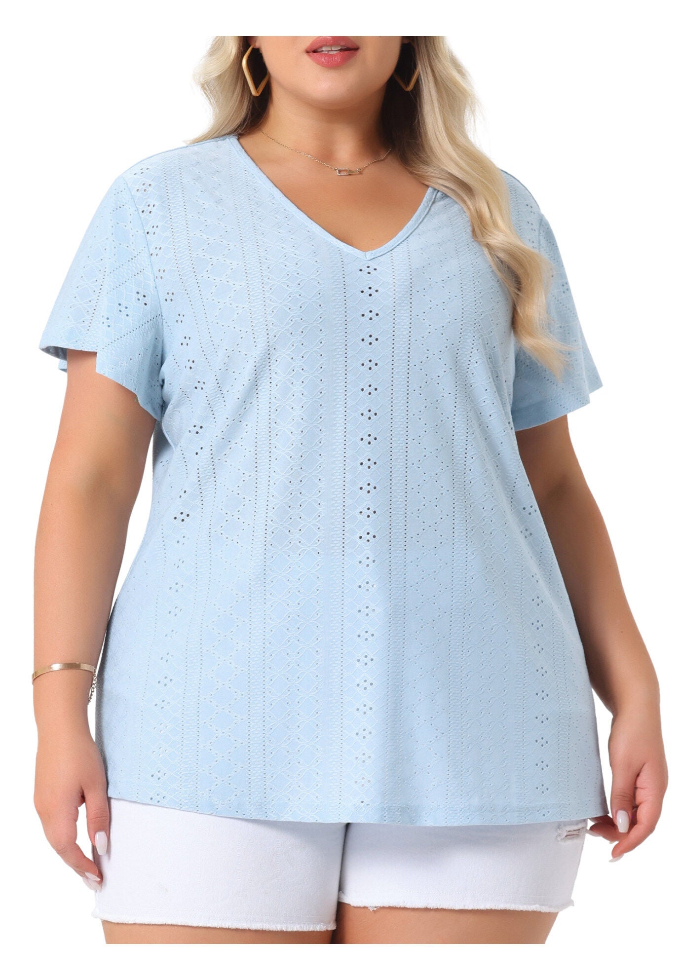 Summer Tee V Neck Hollow Flare Short Sleeve Casual Top Tunic, Light Blue / Light Blue, alternate image number 2