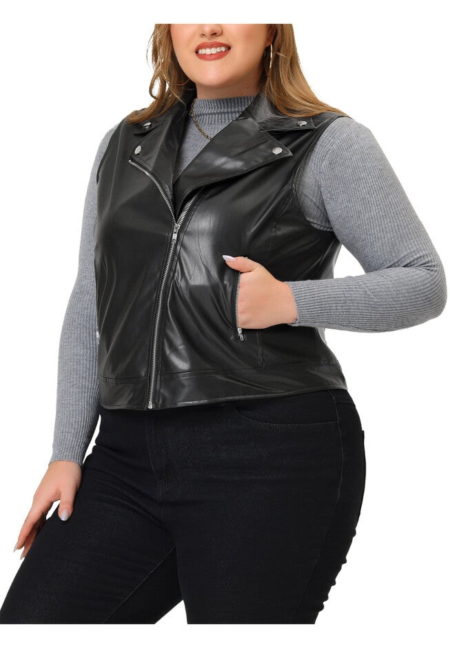 NOTCH LAPEL ZIPPER CLUB MOTORCYCLE FAUX LEATHER VEST, Black / Black, alternate image number 1
