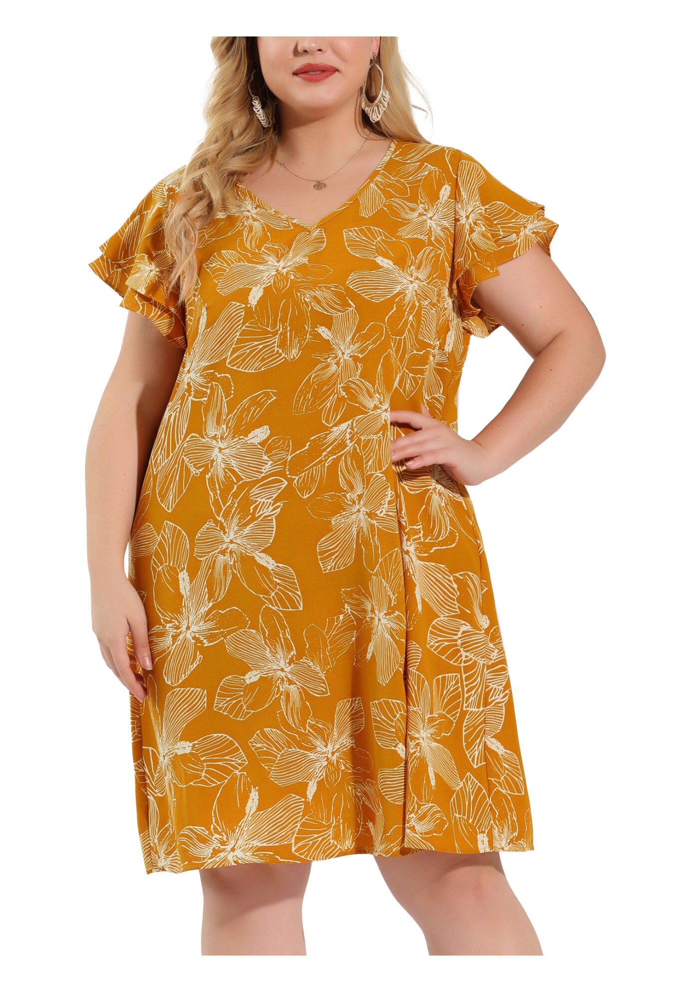 V Neck Tie Waist Layered Short Sleeve Floral Dress, Ginger / Yellow, alternate image number 1
