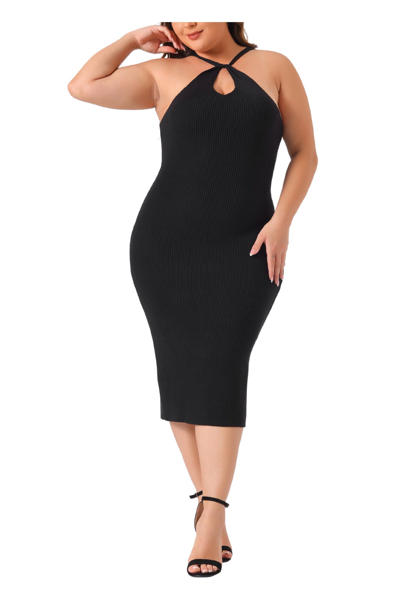 Twist Front Halter Neck Ribbed Sleeveless Bodycon Midi Sweater Dress, Black / Black, alternate image number 2