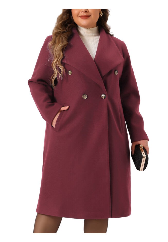 Notch Big Lapel Double Breasted Mid-Long Peacoat, Burgundy / Red, alternate image number 1