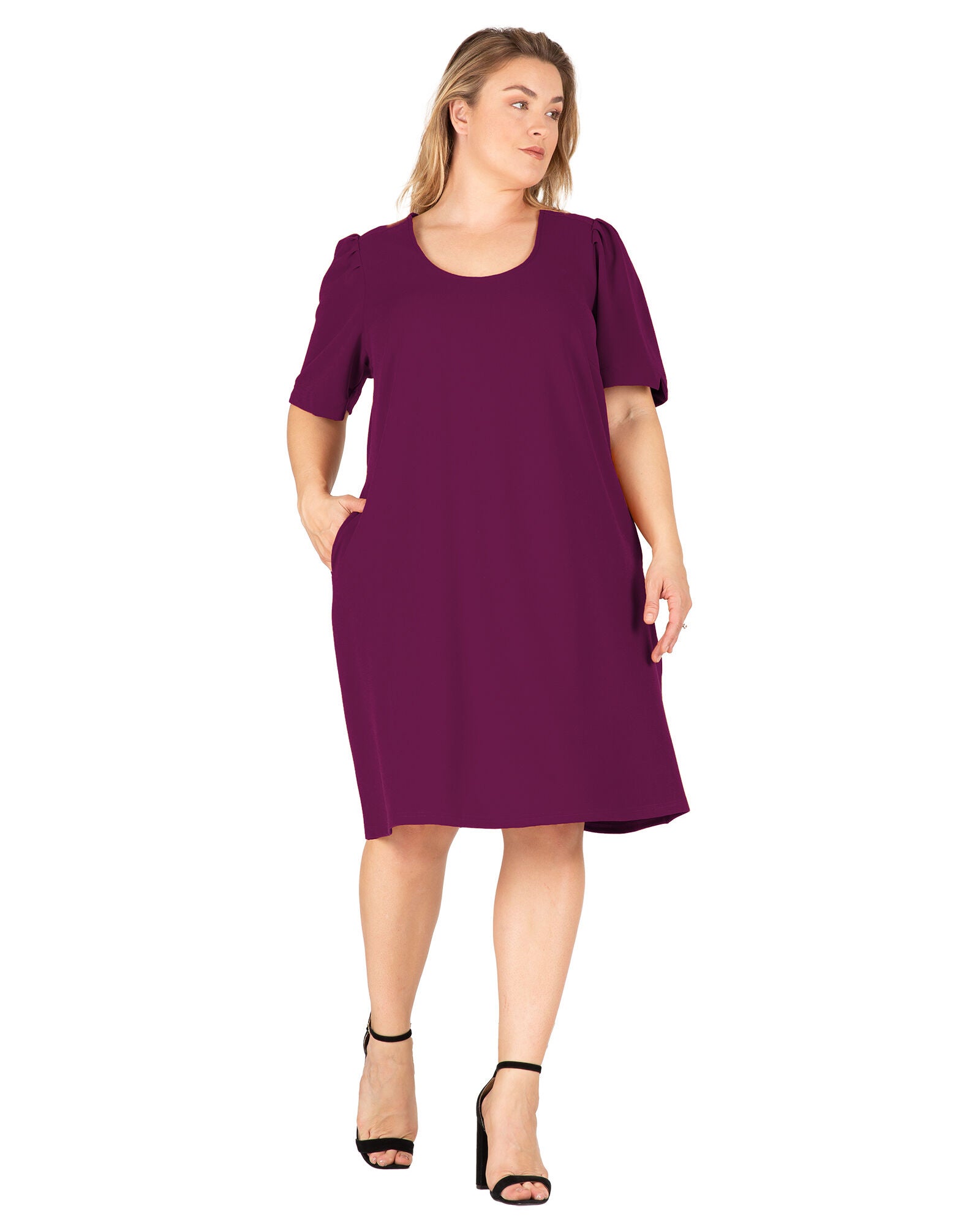 Alice Women&#39;s Plus Size Puffed Sleeves Scoop Neck Midi Dress, Purple / New Wine, alternate image number 2