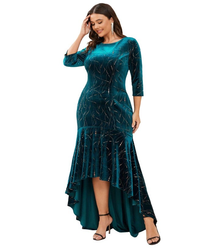 Women's Stylish Bodycon High-Low Velvet Party Dress, Teal / Teal, alternate image number 3