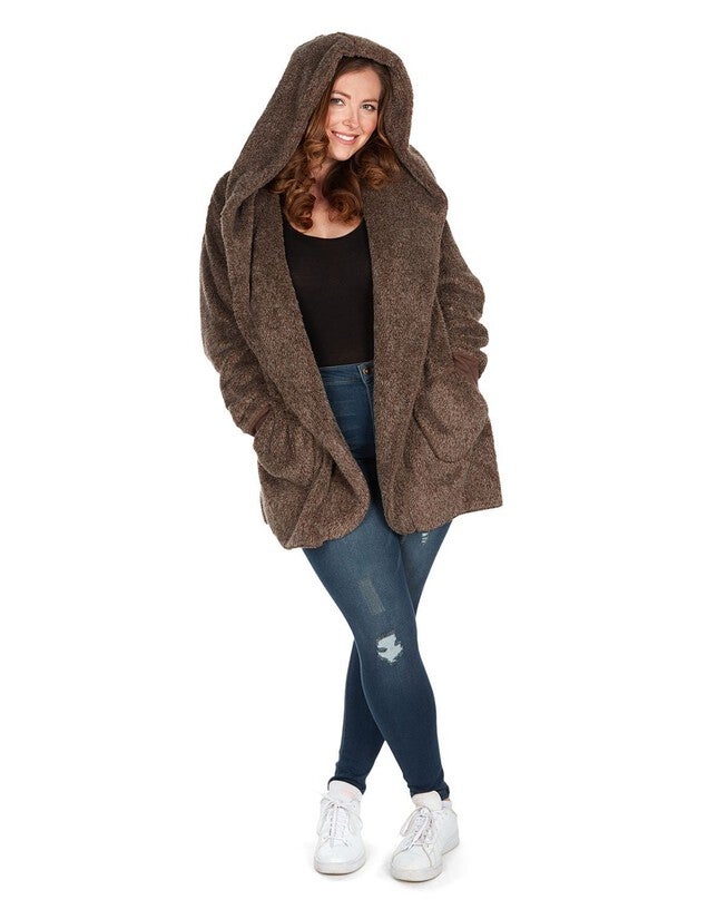 Women's Marled Plush Hooded Lounge Sweater with Shawl Collar, Pebble Brown / Brown, hi-res image number 0