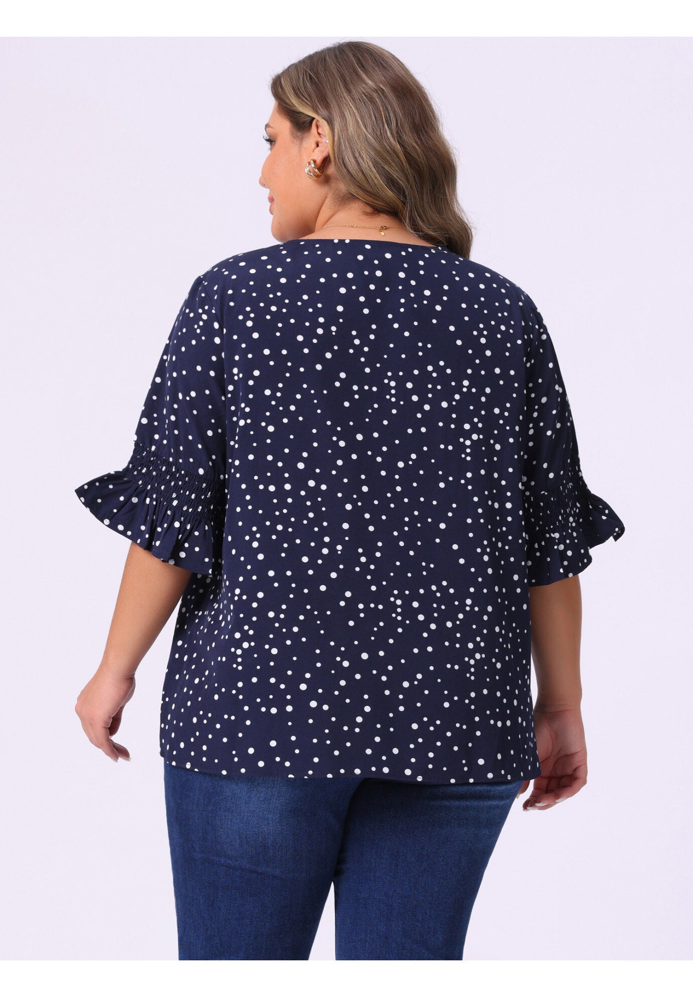 Ruffle Blouse V Neck Smocked Sleeves Top, Dark Blue / Navy, alternate image number 3