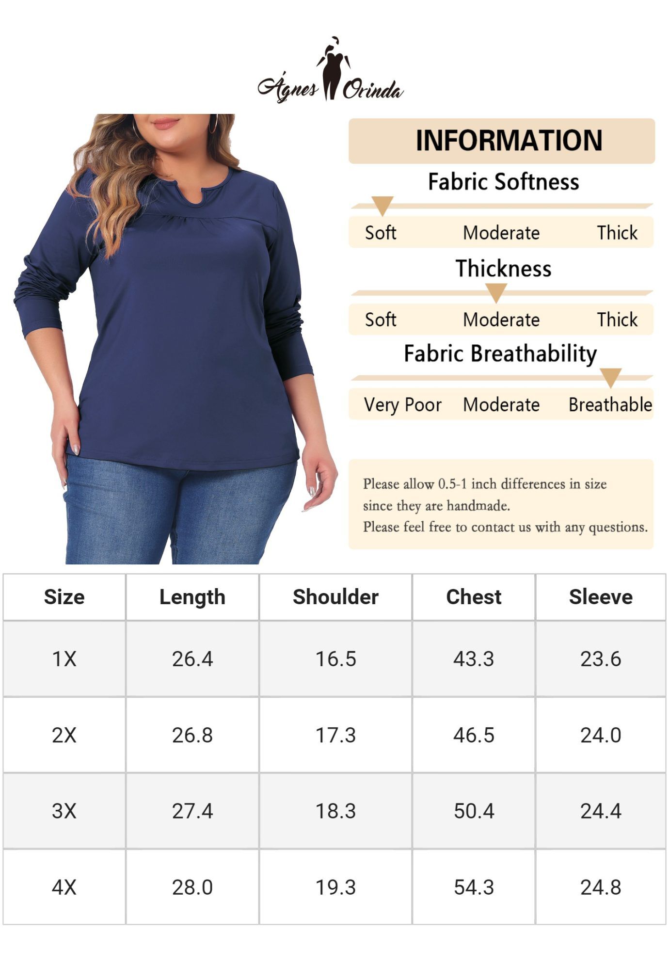 NOTCHED NECK LONG SLEEVE T-SHIRT LOOSE CASUAL TUNIC BLOUSE, Dark Blue / Navy, alternate image number 4