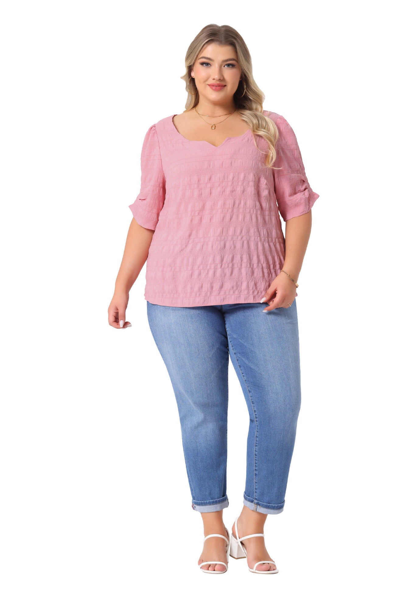 Pleated Notched Short Sleeve Casual Blouse, Pink / Pink, hi-res image number 0