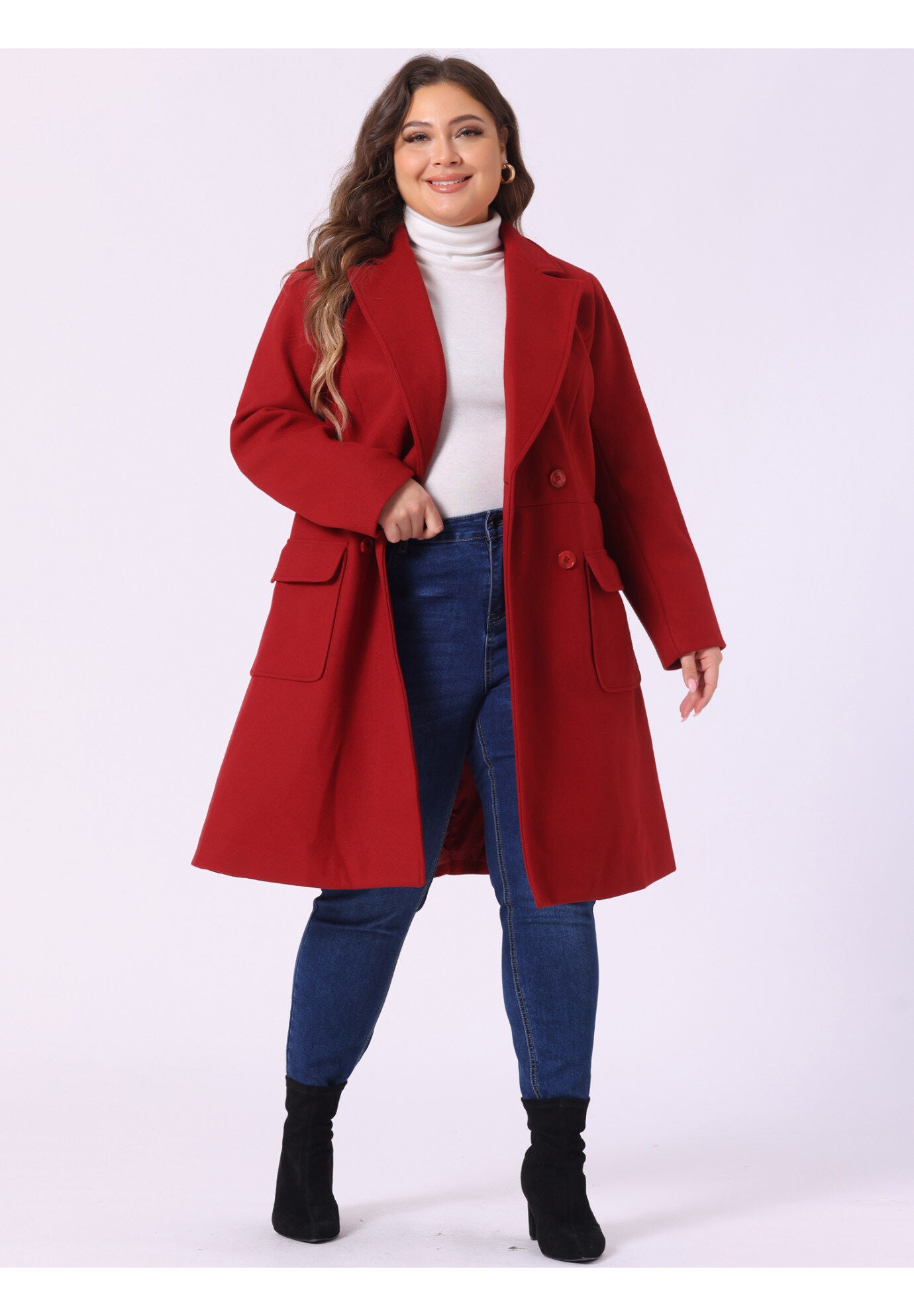 NOTCH LAPEL DOUBLE BREASTED PEA TRENCH COAT, Dark Red / Red, hi-res image number 0
