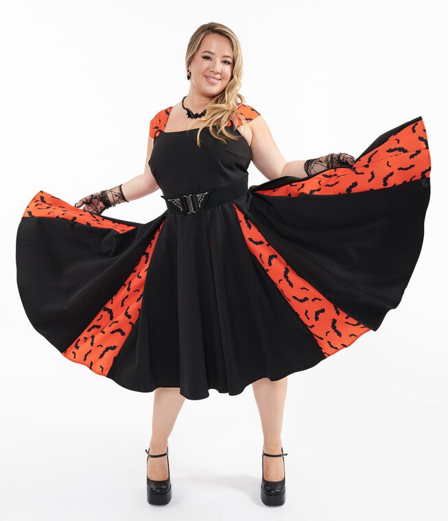 1950s Orange & Black Bat Stripe Swing Dress, Orange Black Bat Stripe / Black, hi-res image number 0