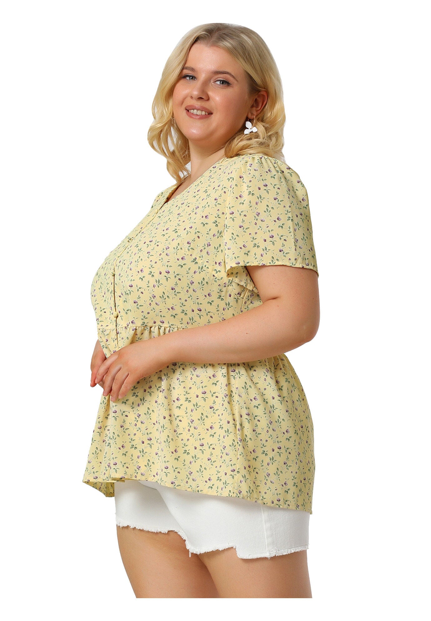 Chiffon Shirt V Neck Ruffle Short Sleeve Floral Peplum Top, Yellow / Yellow, alternate image number 3