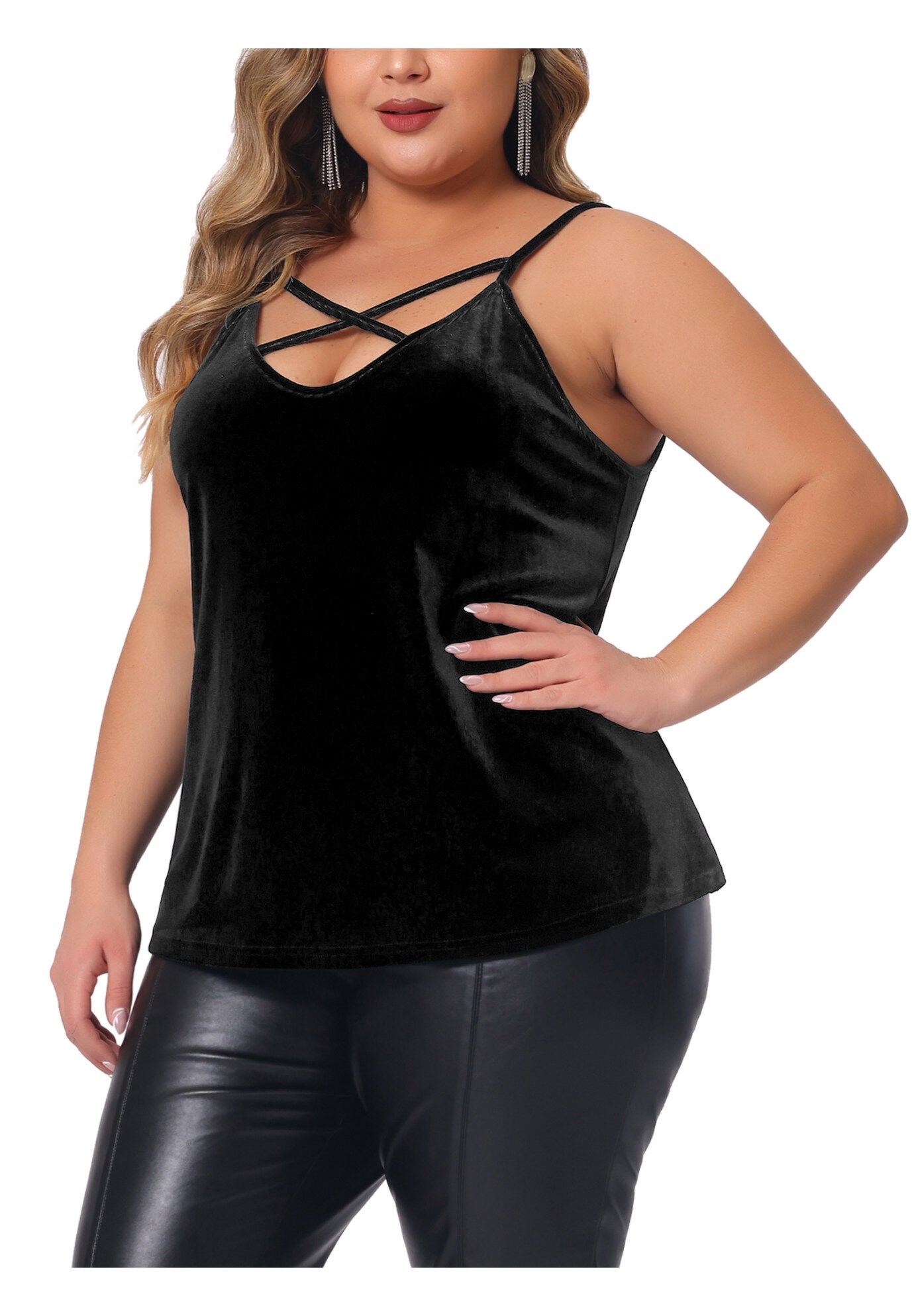 Criss Cross V Neck Spaghetti Strap Cami Velvet Tank Top, Black / Black, alternate image number 1