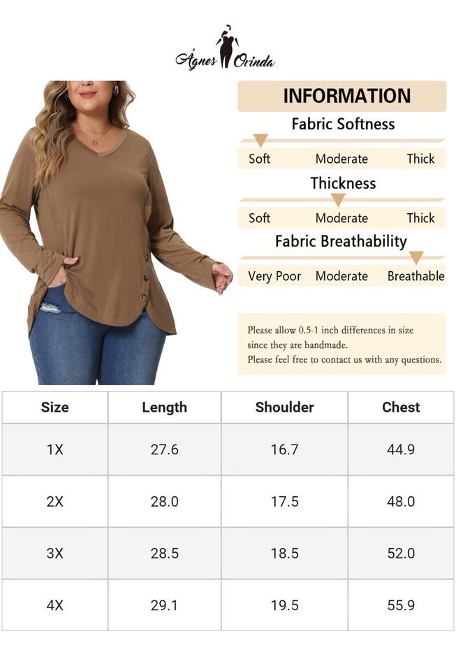 LONG SLEEVE TUNIC TOP V NECK LOOSE T SHIRT, Brown / Brown, alternate image number null
