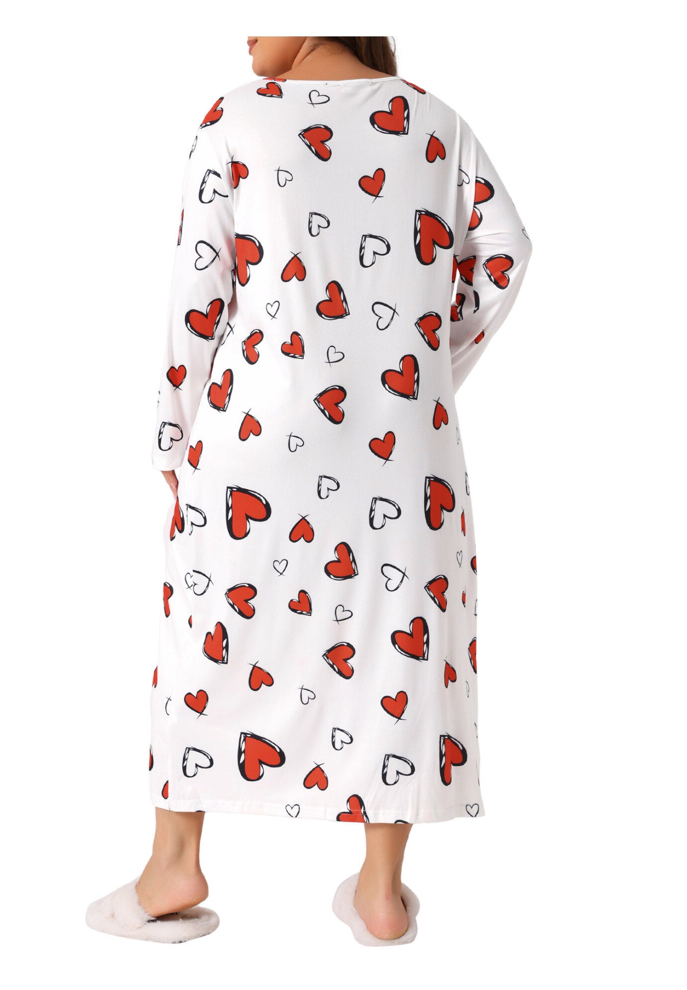 Crew Neck Long Sleeve Print Sleep Dress, White / White, alternate image number 3