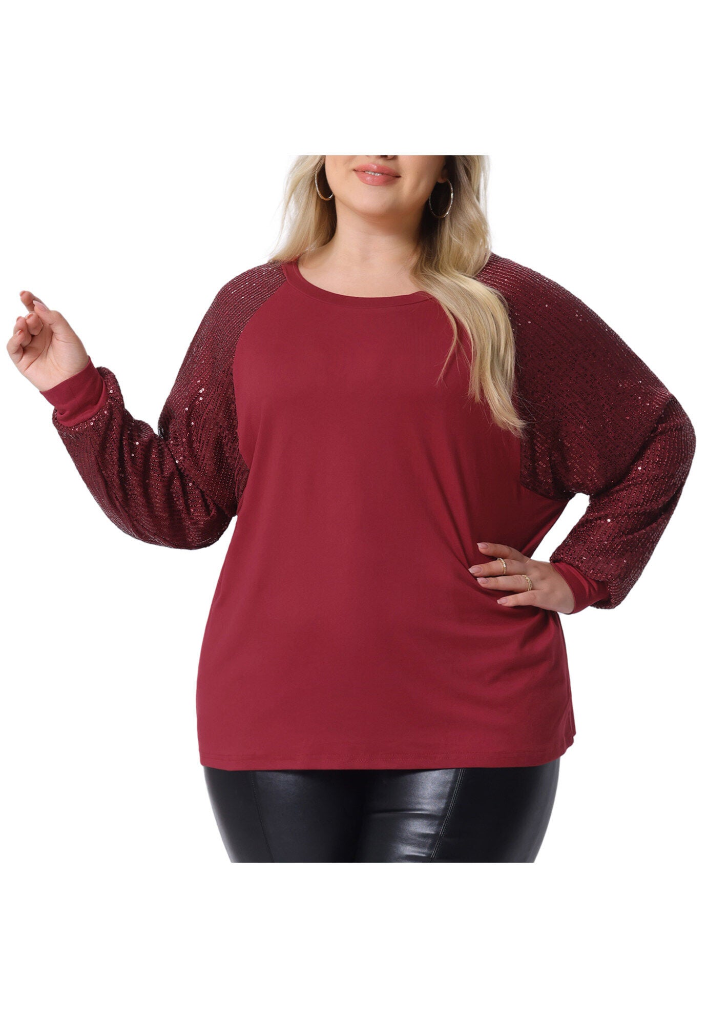 Long Sleeve Shimmer Glitter Sparkle Sequin Top, Burgundy / Burgundy, alternate image number 2