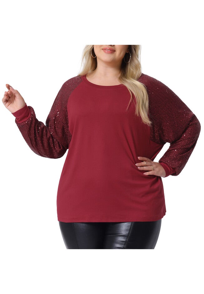 Long Sleeve Shimmer Glitter Sparkle Sequin Top, Burgundy / Burgundy, alternate image number 2