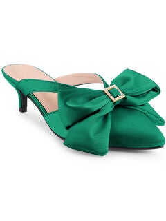 Bow Rhinestones Kitten Heels Satin Slide Mules