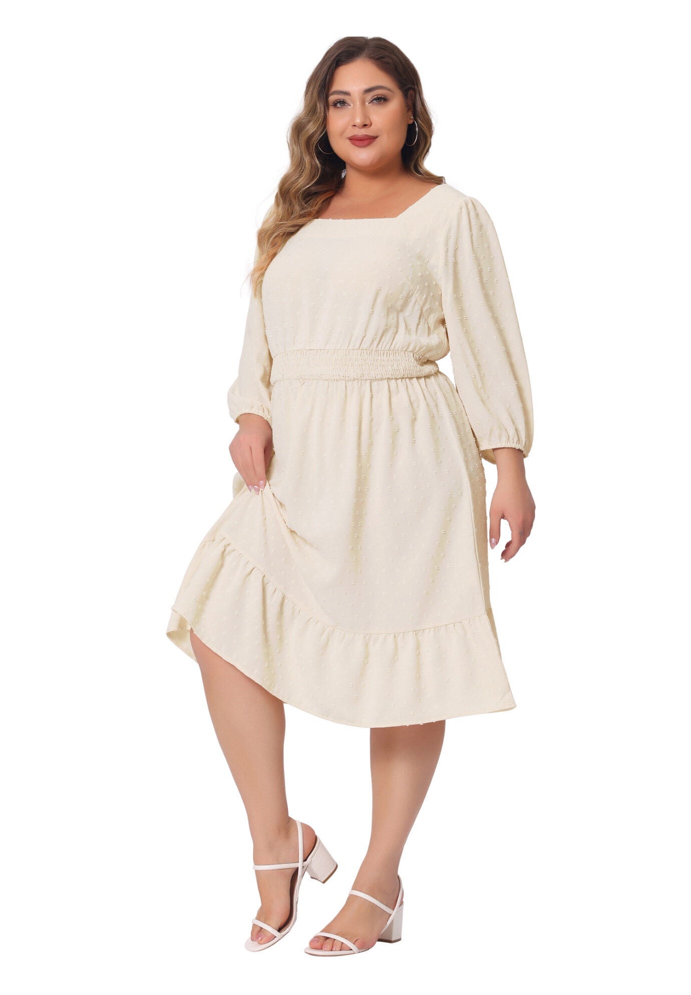 Swiss Dots Bohemian Square Neck Midi Chiffon Dress, Apricot / White, hi-res image number 0