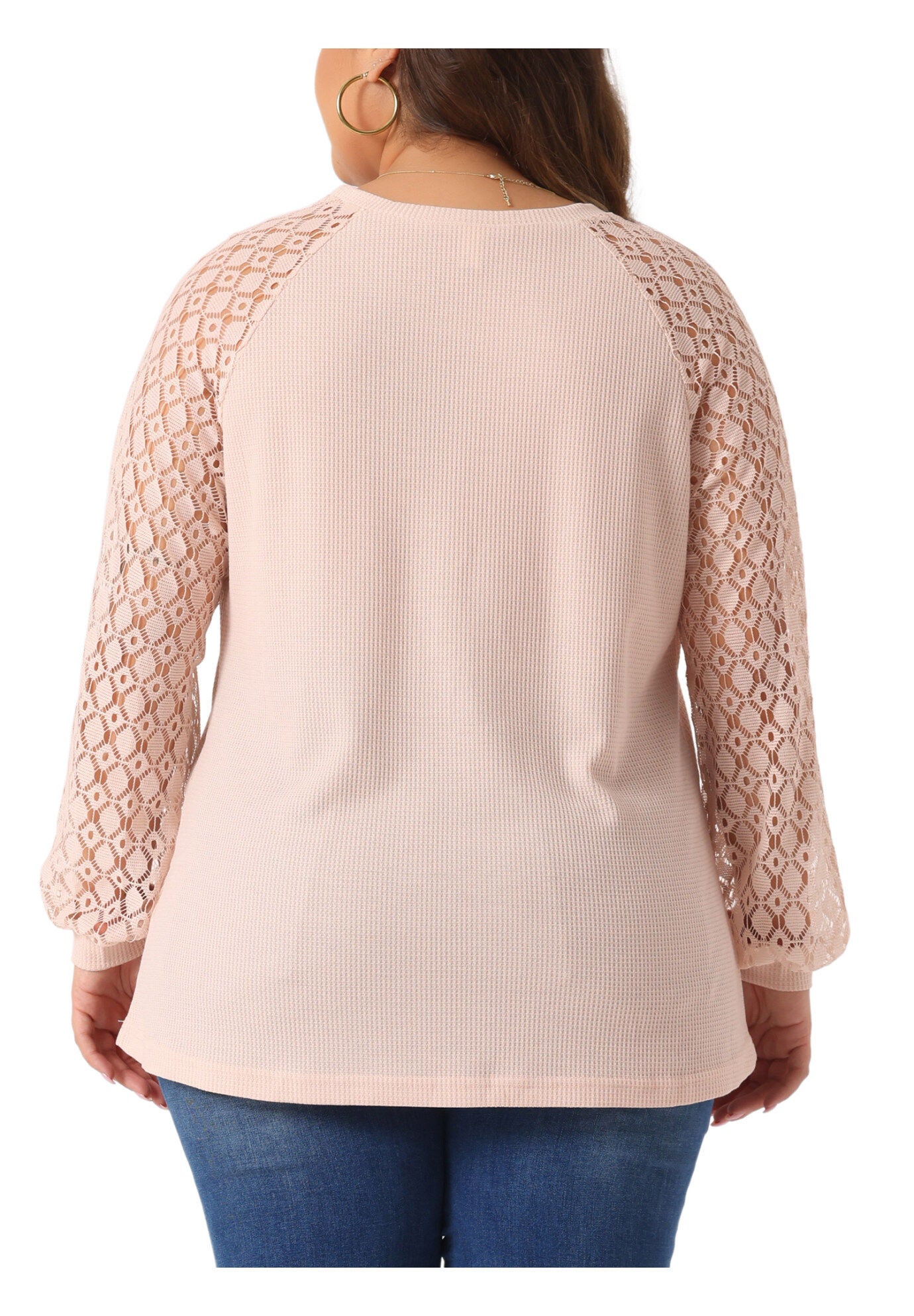 Lace Crew Neck Long Sleeve Loose Blouse, Light Pink / Pink, alternate image number 3