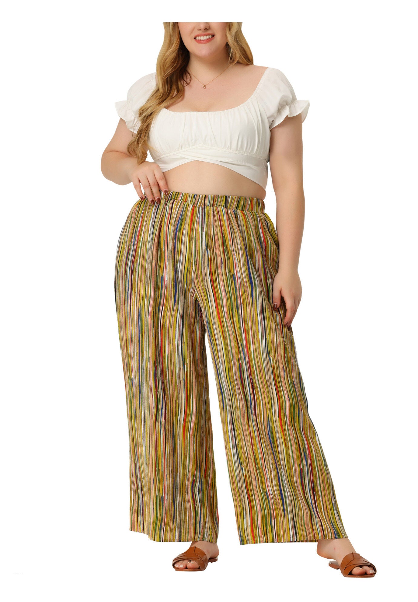 STRIPE BOHO WIDE LEG PAPER BAG PALAZZO PANTS, Yellow / Yellow, alternate image number 2