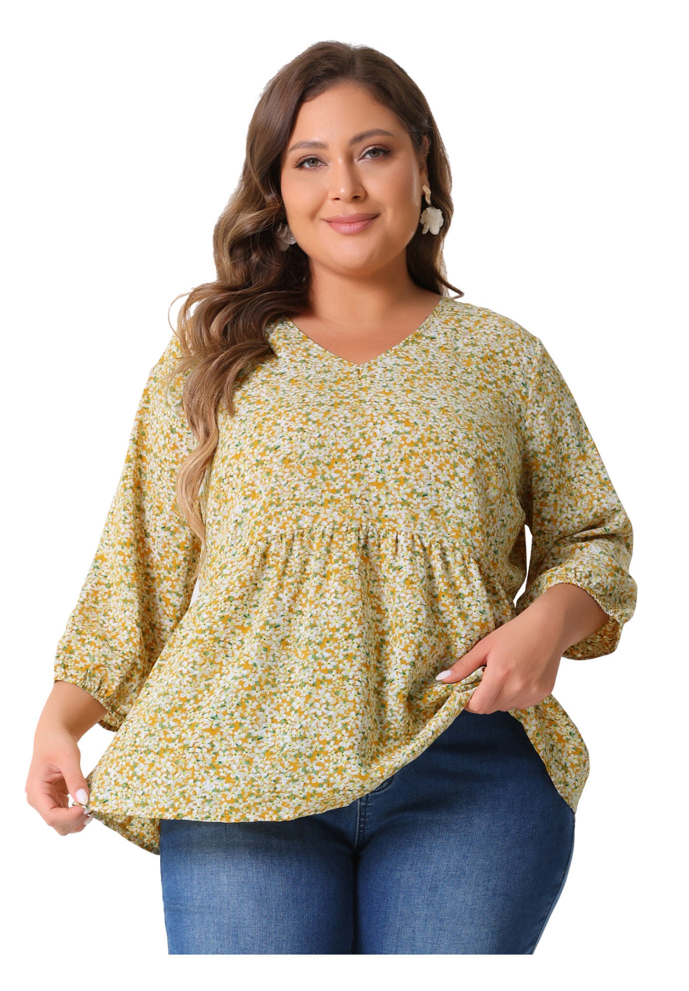 V Neck Babydoll Flowy 3/4 Lantern Sleeve Floral Blouse, Yellow / Yellow, alternate image number 2