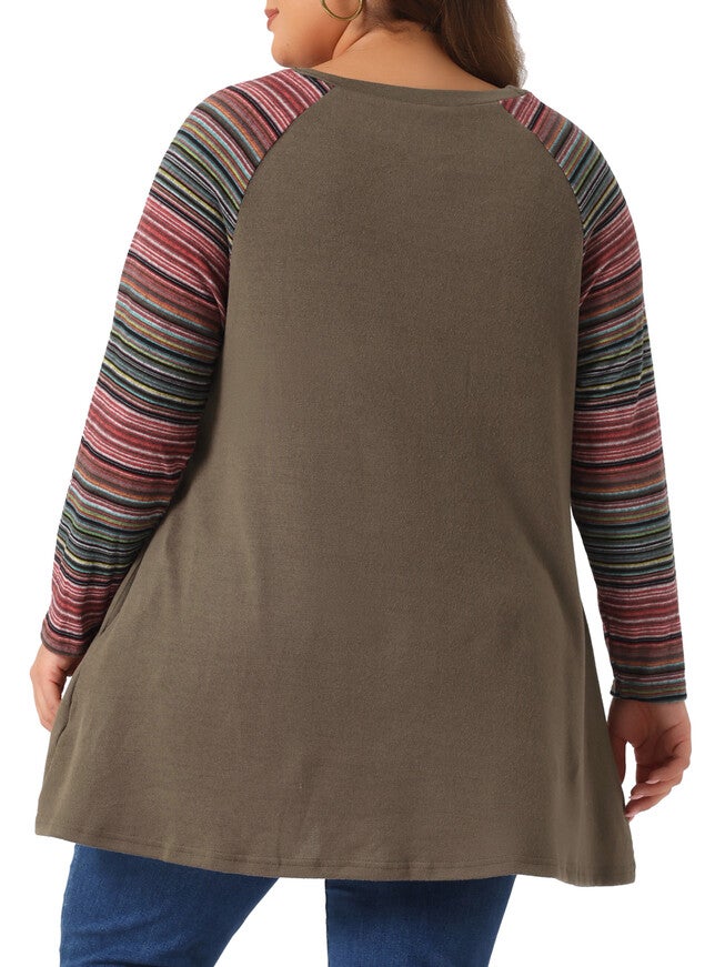 Raglan Color Block Knit Pullover Shirt Tunic Top with Pockets, Coffee / Brown, alternate image number 2