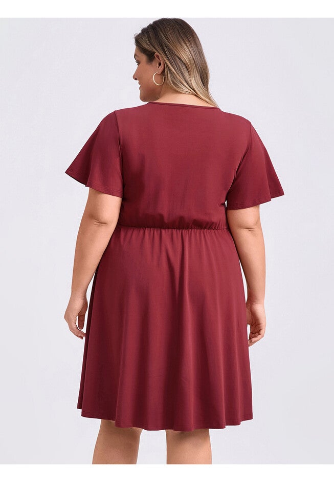 Summer V Neck Ruffle Sleeve Pleated Swing A-Line Dress, Burgundy / Burgundy, alternate image number null