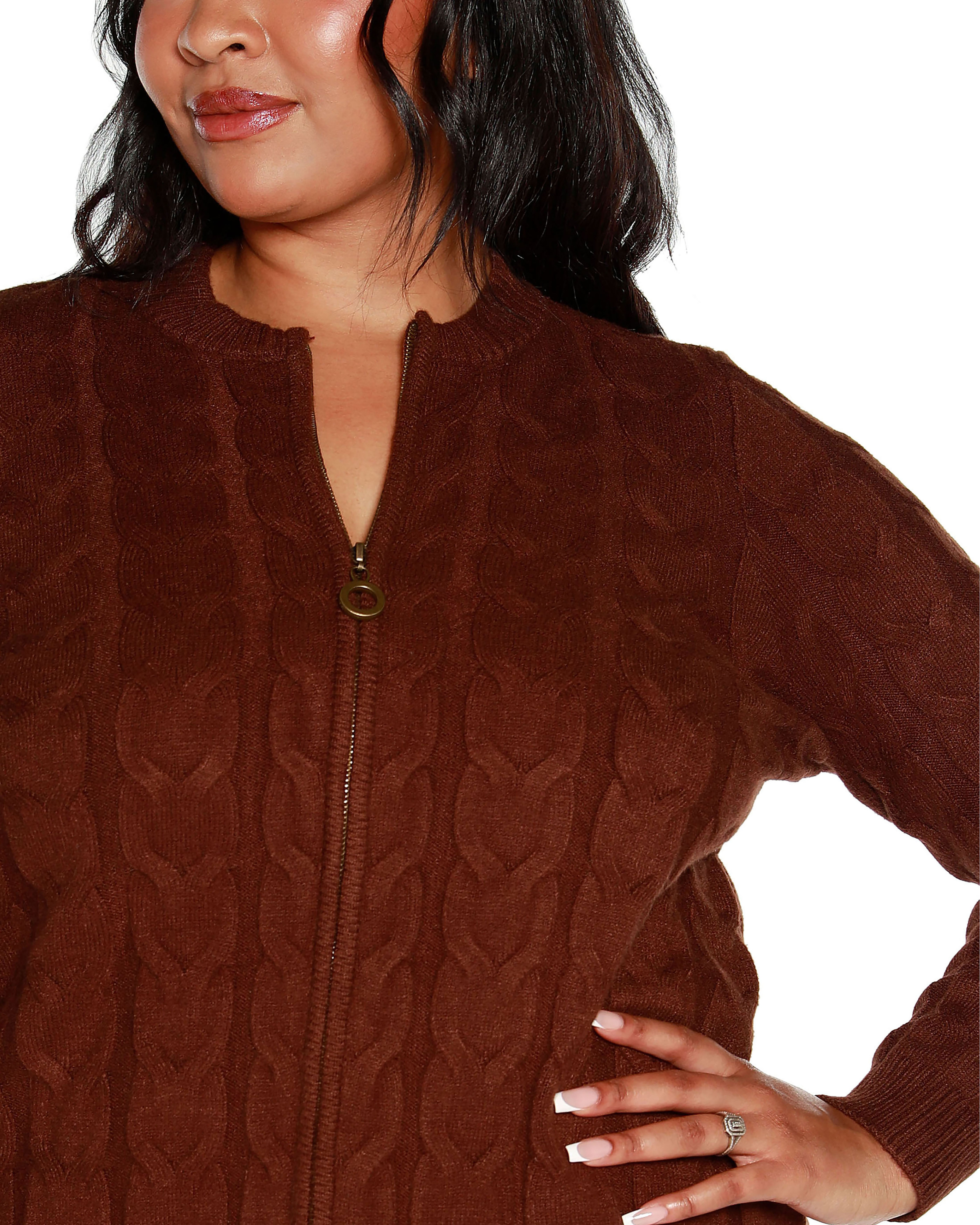 ZIP CABLE SWEATER, Coffee Bean / Brown, alternate image number 1