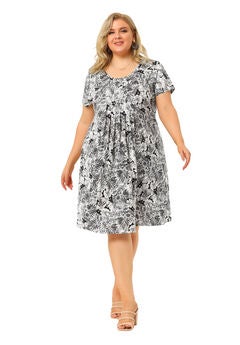 Short Sleeves Pleated Summer Beach Casual Loose Floral Dress