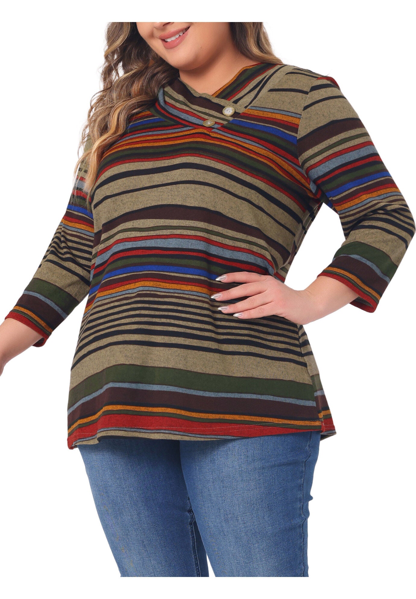 Stripe 3/4 Sleeve Tunic V Neck Knit Blouse, Orange Brown / Brown, alternate image number 3