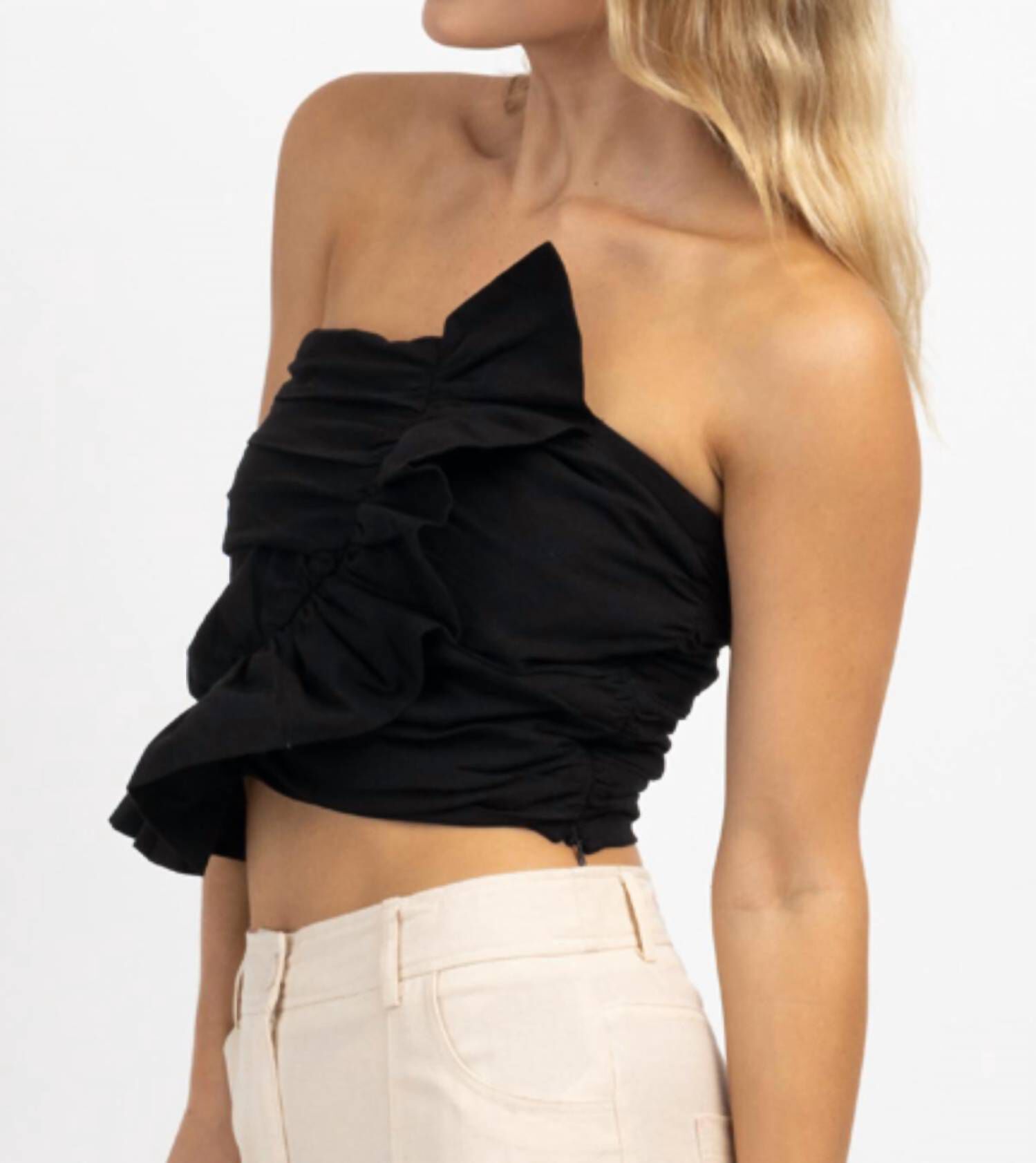 FLIRTY RUFFLED TUBE TOP IN ONYX, Onyx / Black, alternate image number 2