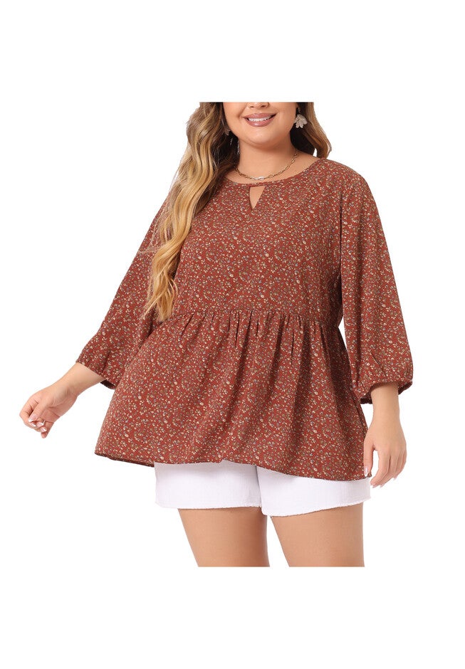 3/4 Sleeves Babydoll Chiffon Keyhole Floral Flowy Top Blouse, Red Brown / Terracotta, alternate image number 2