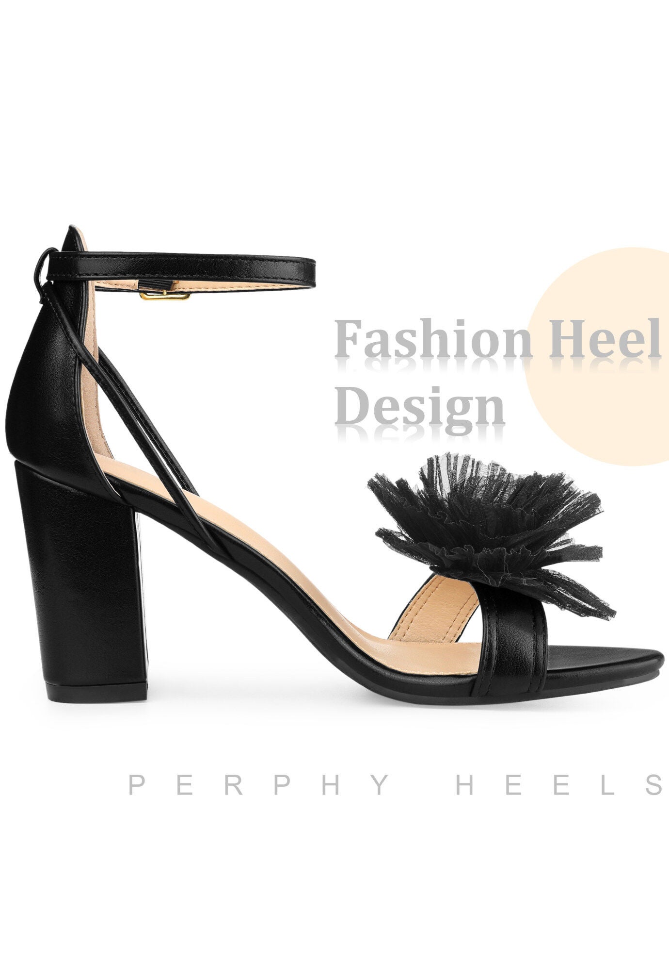 Floral Open Toe Block High Heel Sandals, Black / Black, alternate image number 3