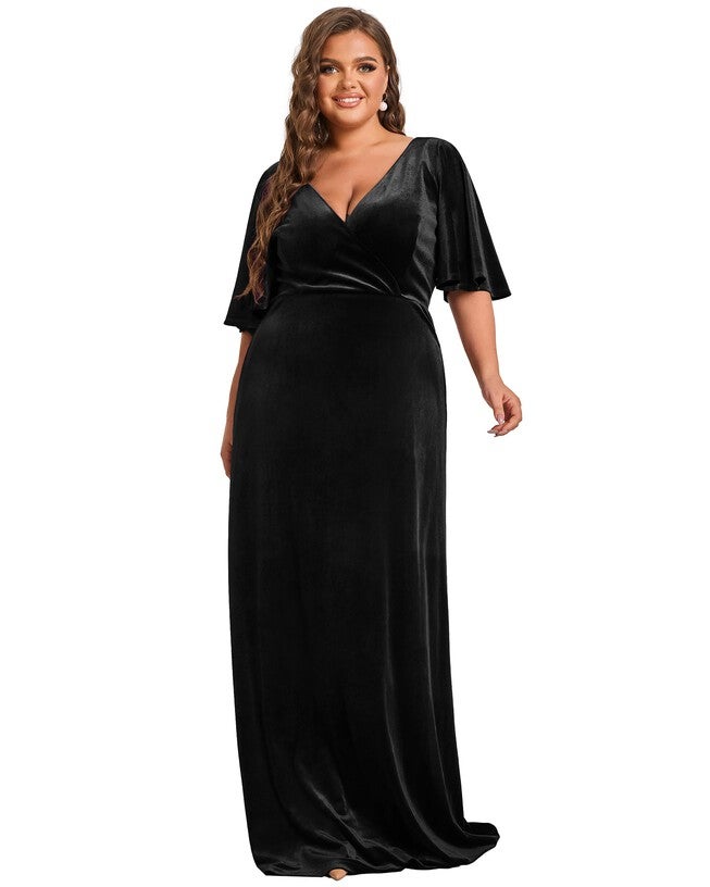Elegant Double V Neck Velvet Party Dress with Sleeves, , alternate image number 8