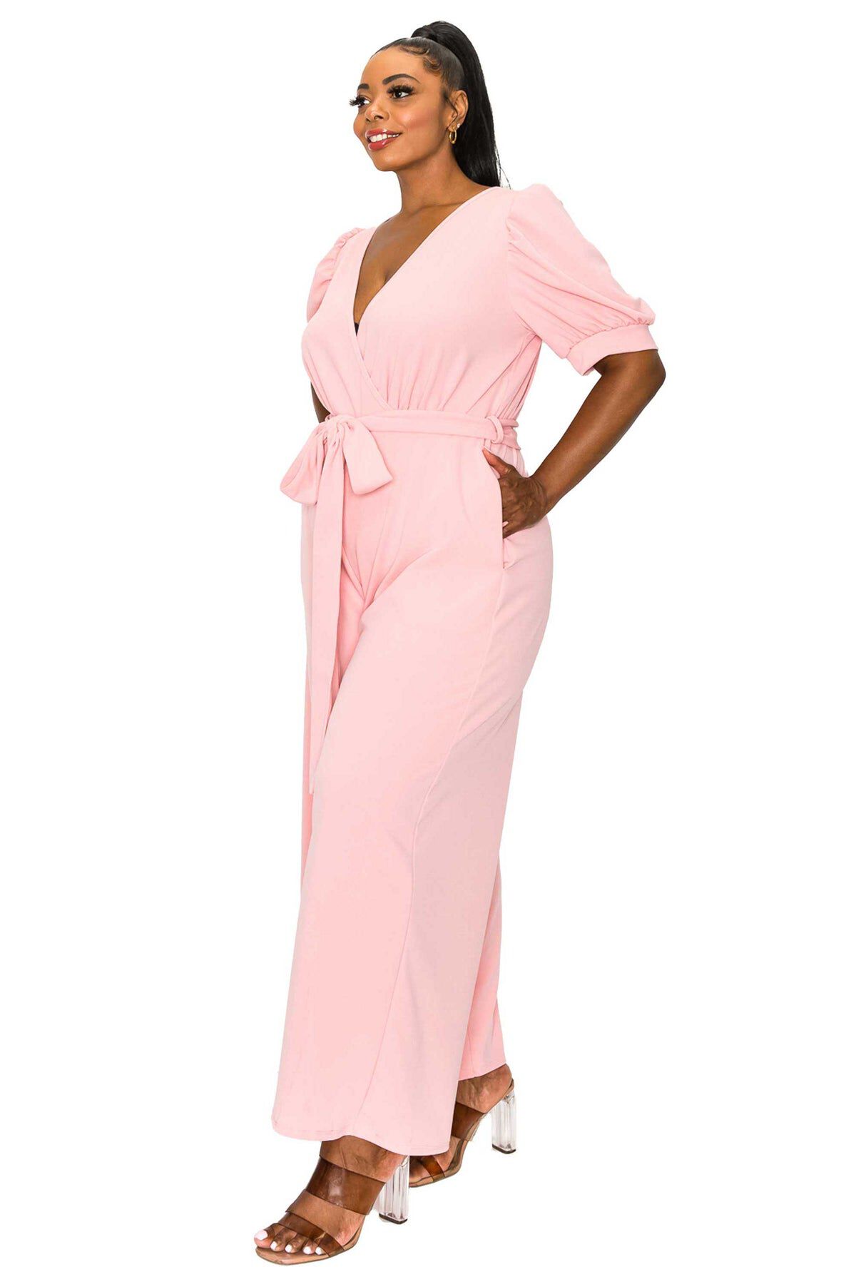 IRIS SURPLICE BELTED POCKET JUMPSUIT, Rose / Pink, alternate image number 1