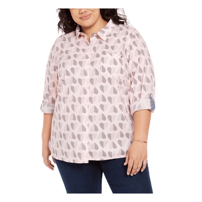 Tommy Hilfiger Women's Plus Size Polka Dot Heart Print Cotton Shirt Pink Size 1X, Pink / Pink, hi-res image number 0