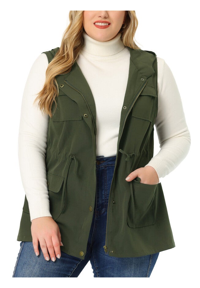 DRAWSTRING LIGHTWEIGHT SLEEVELESS CARGO HOODED ANORAK UTILITY VEST, Army Green / Olive Green, alternate image number 1