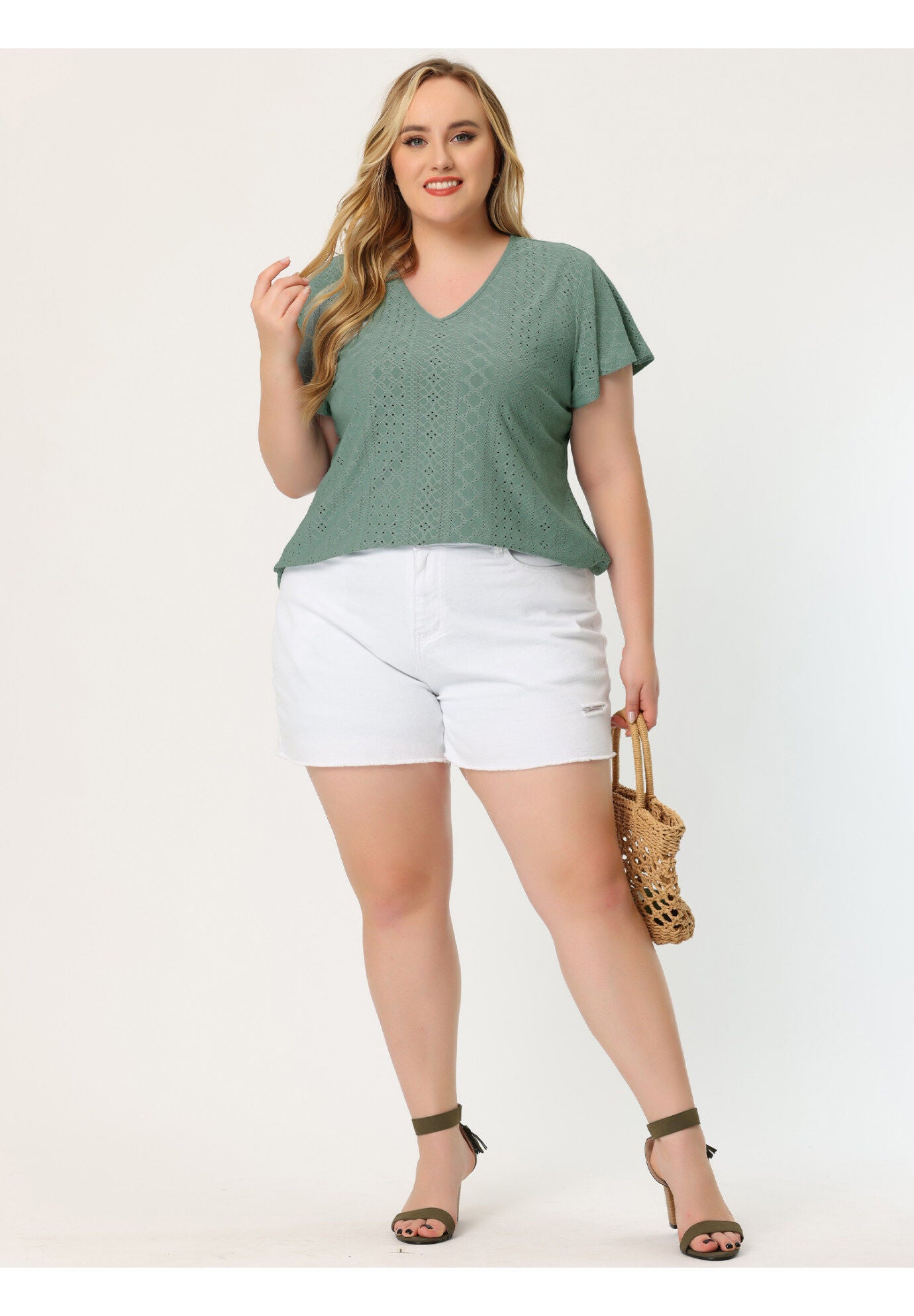 Summer Tee V Neck Hollow Flare Short Sleeve Casual Top Tunic, Green / Olive Green, hi-res image number 0