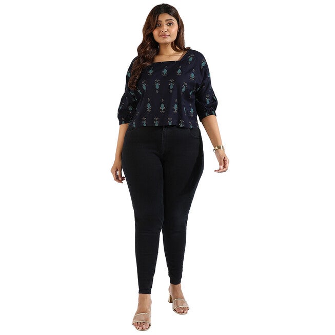 Women Floral Design Casual Tops, Navy / Navy, alternate image number 1