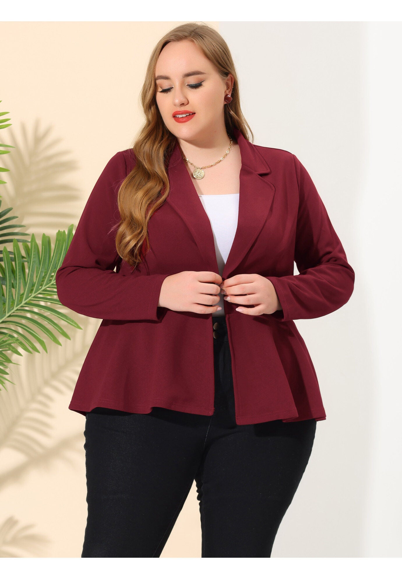 RUFFLE V NECK BUTTON NOTCH PANEL PEPLUM BLAZER, Burgundy / Red, alternate image number 2