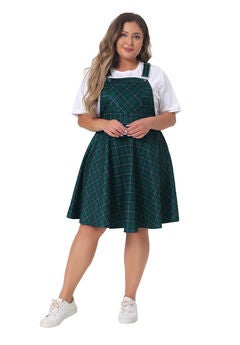 Plaid Printed Overall Pinafore Swing Adjustable Straps Dress