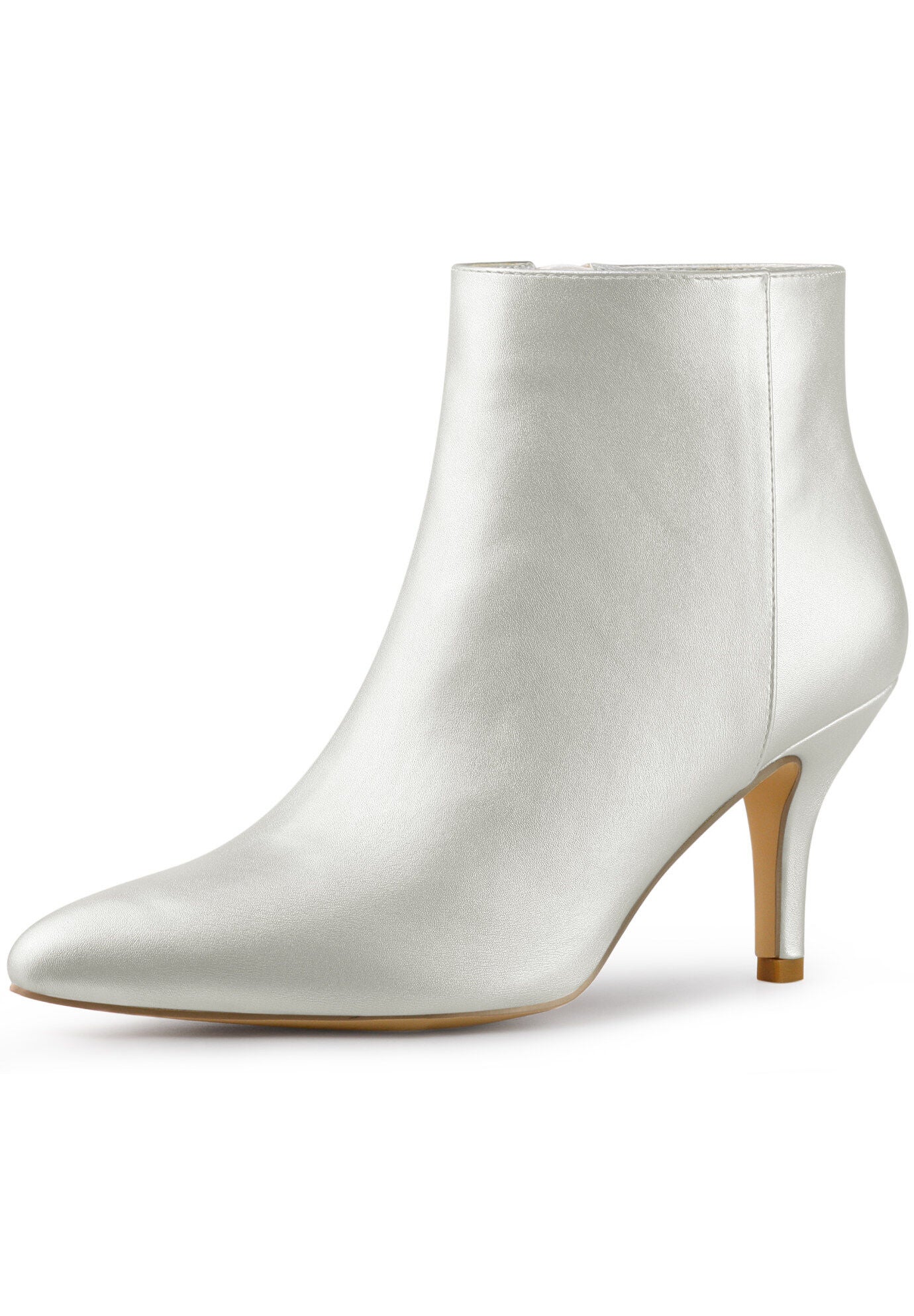 POINTED TOE STILETTO HEEL SOLID BOOTIES, Silver / Silver, hi-res image number 0