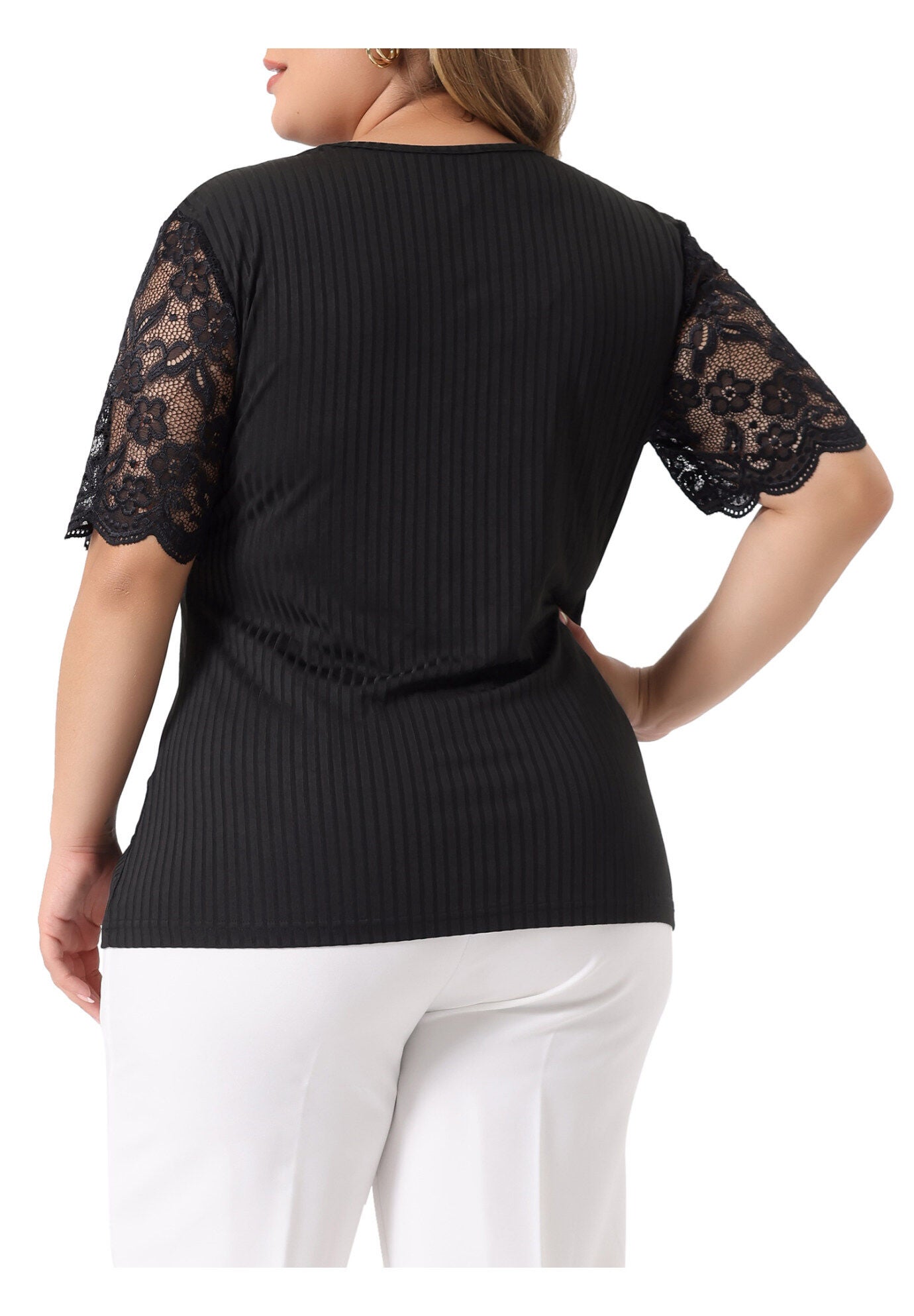 V Neck Short Sleeve Lace Ribbed Knit Tunic Top, Black / Black, alternate image number 3