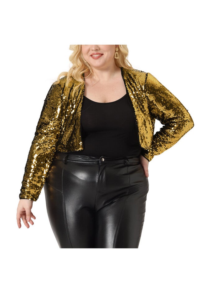 OPEN FRONT LONG SLEEVE METALLIC SEQUIN CROP JACKET, Gold / Gold, alternate image number 2