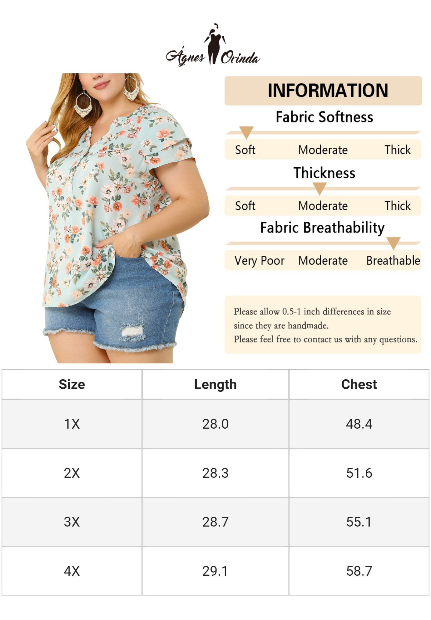 Floral Ruffle Trim V Neck Layered Sleeve Blouse, Light Blue / Light Blue, alternate image number 4