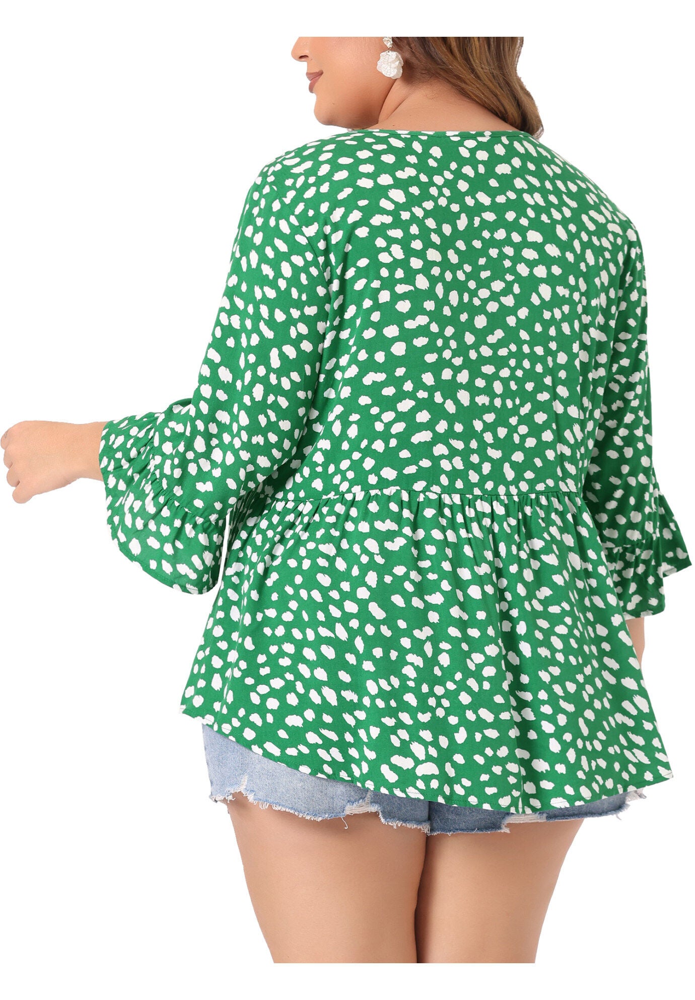 Polka Dots Blouse 3/4 Ruffle Sleeve Peplum Top, Green / Kelly Green, alternate image number 2