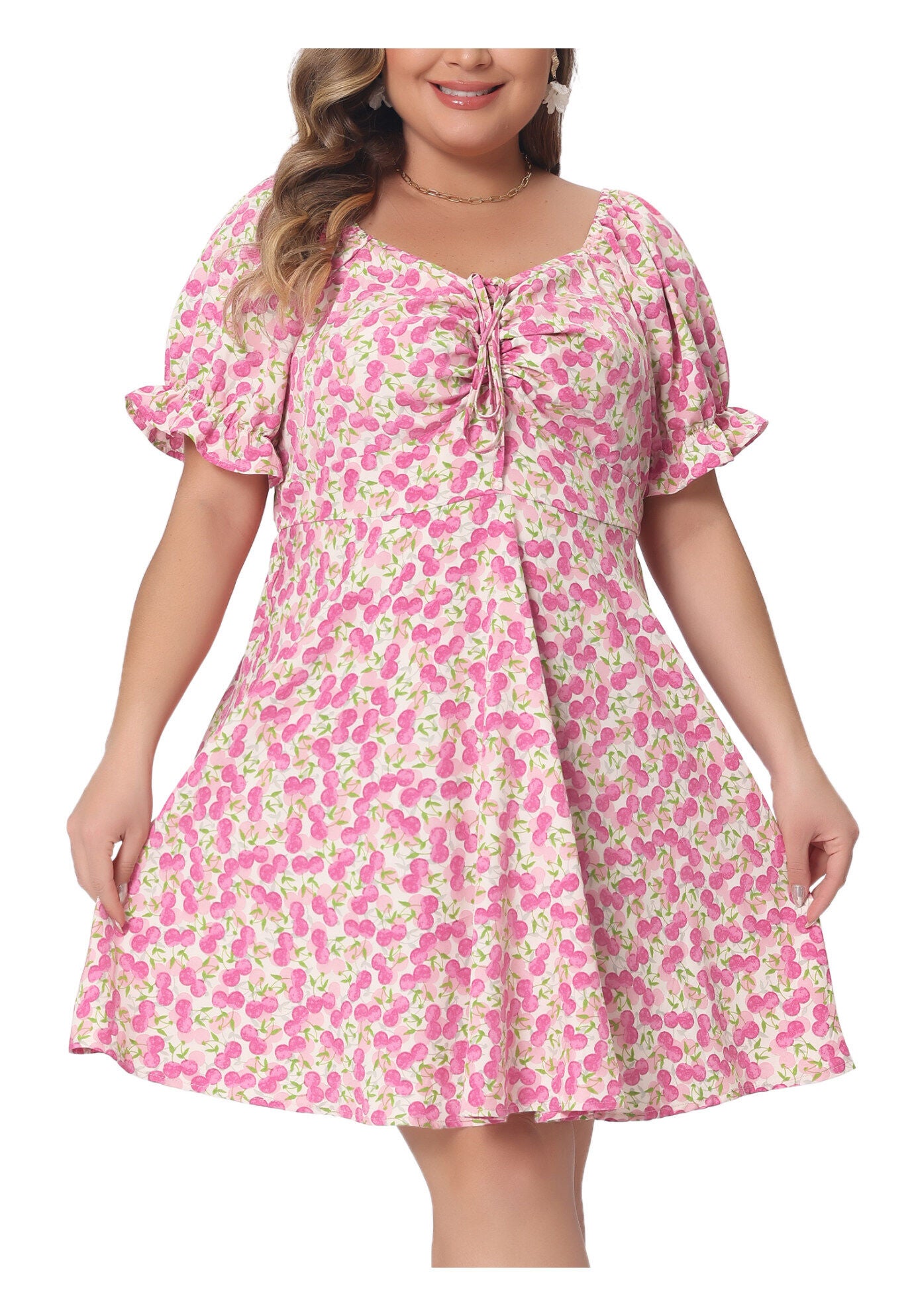 Sweetheart Neck Puff Short Sleeve Tie Swing A Line Midi Floral Dress, Hot Pink / Pink, alternate image number 2