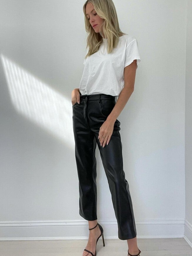 RACHEL FAUX LEATHER STRAIGHT CROP PANT IN BLACK, Black / Black, alternate image number 2