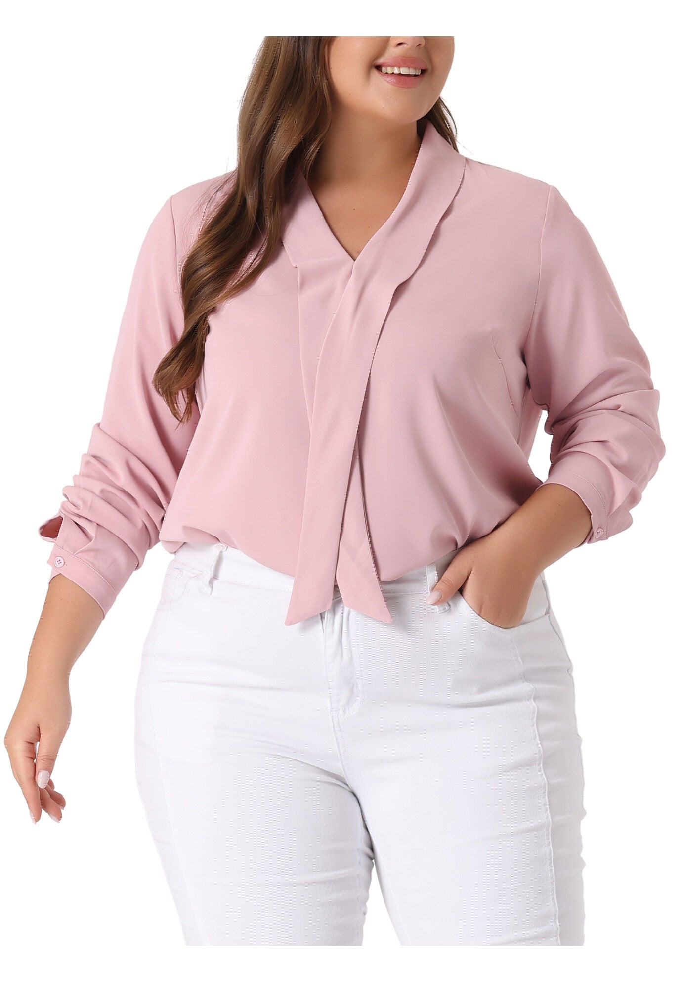 Long Sleeve Tie V Neck Chiffon Blouse, Pink / Pink, alternate image number 1